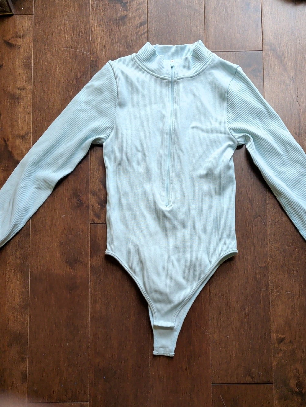 Ribbed Light Blue Zip-Front Long Sleeve Bodysuit